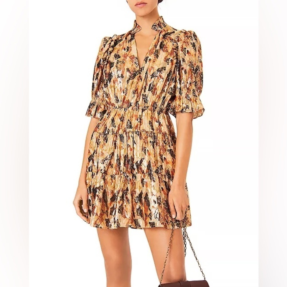 BA&SH Gloria Floral Silk Metalliv Ocre Gold Black Mini Puff Sleeve Dress Small